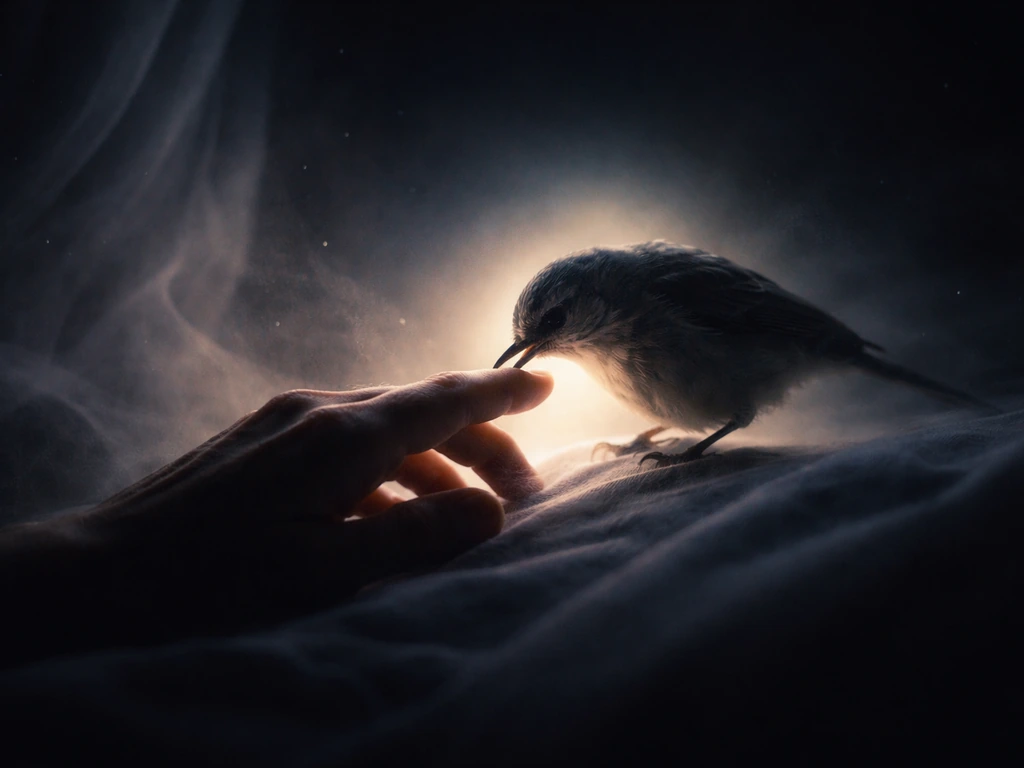 Surreal bird biting a silhouetted hand at the edge of sleep, with smoky mist and dramatic light.