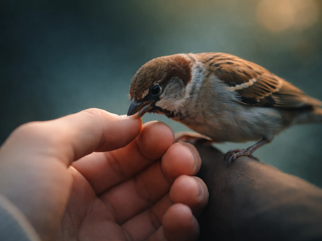 Close-up of a hand with a small bird pecking and biting near the fingertips under dreamlike light.
