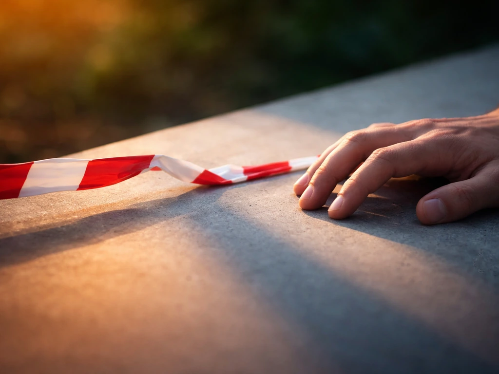 Hand beside a snapped boundary ribbon, with warm calm tones contrasting cool tense shadows.