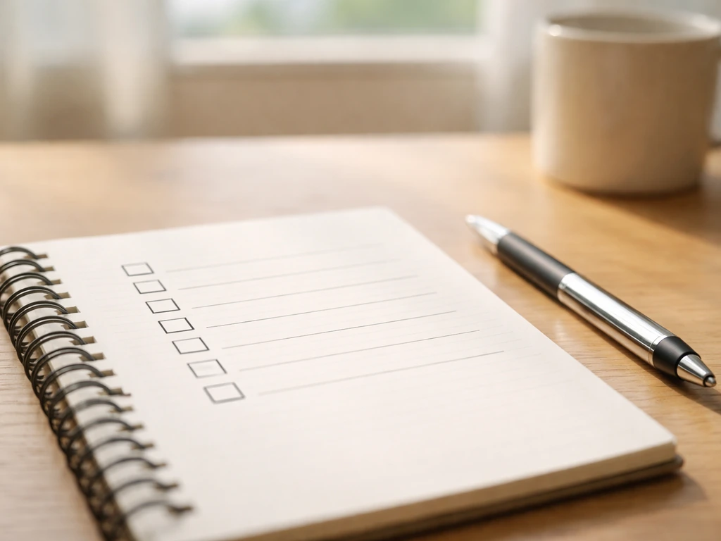 Open notebook with blank checkbox checklist and pen on a wooden desk, ready for dream journaling.