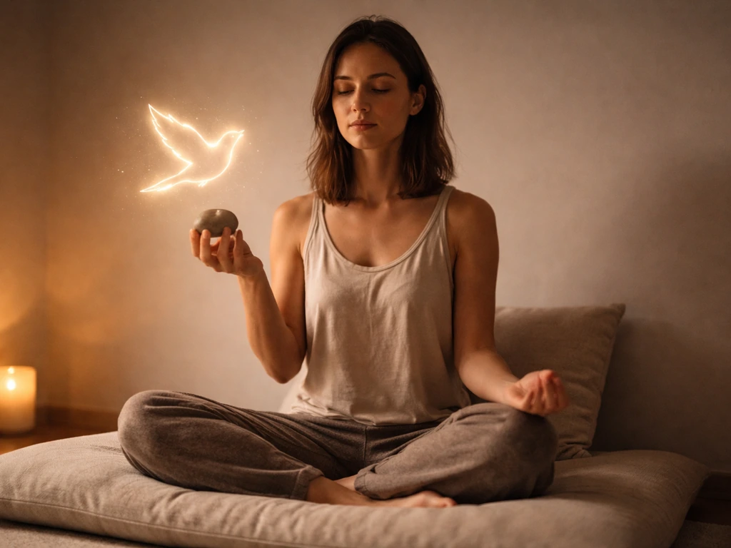 Person meditating with a grounding stone as a subtle bird-shaped glow hovers above their hand.